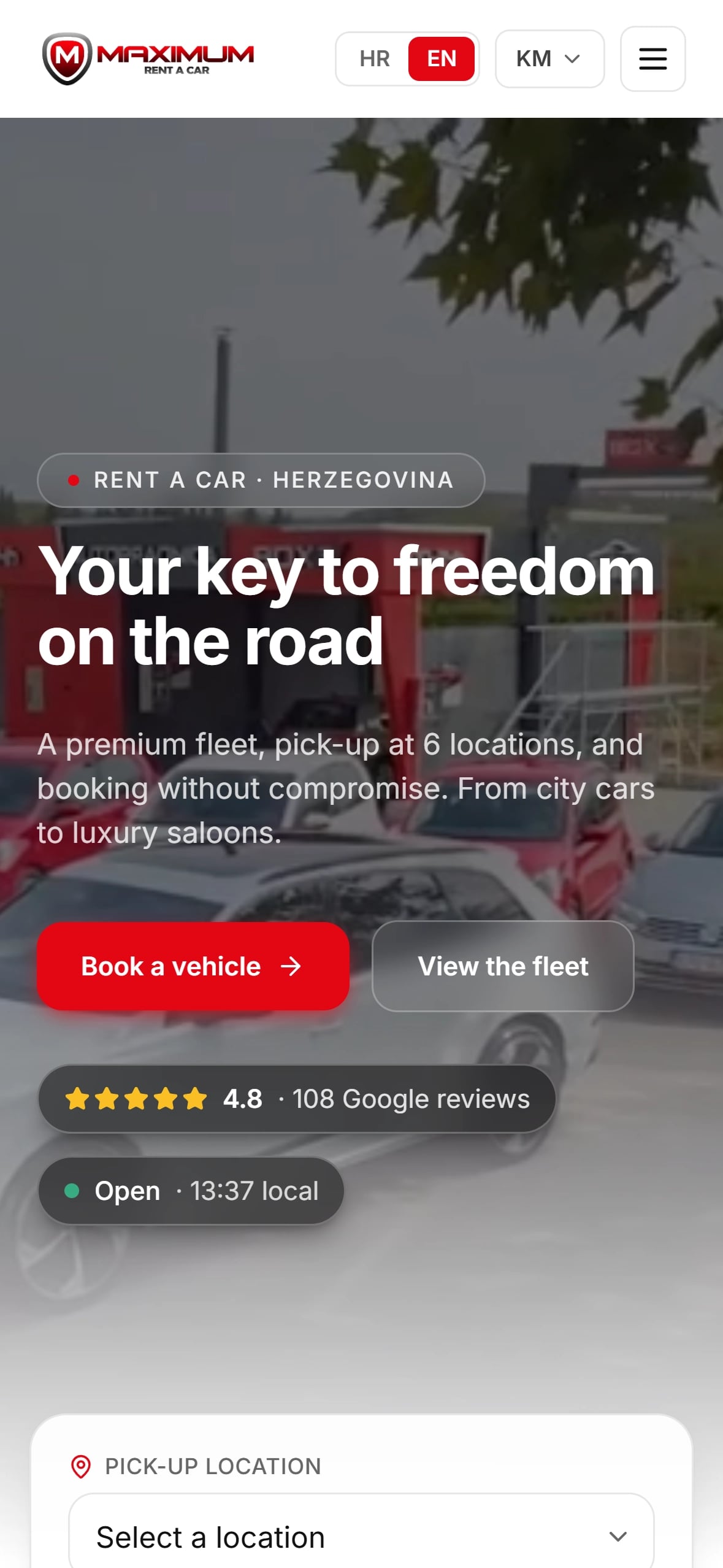Home page of a car rental website
